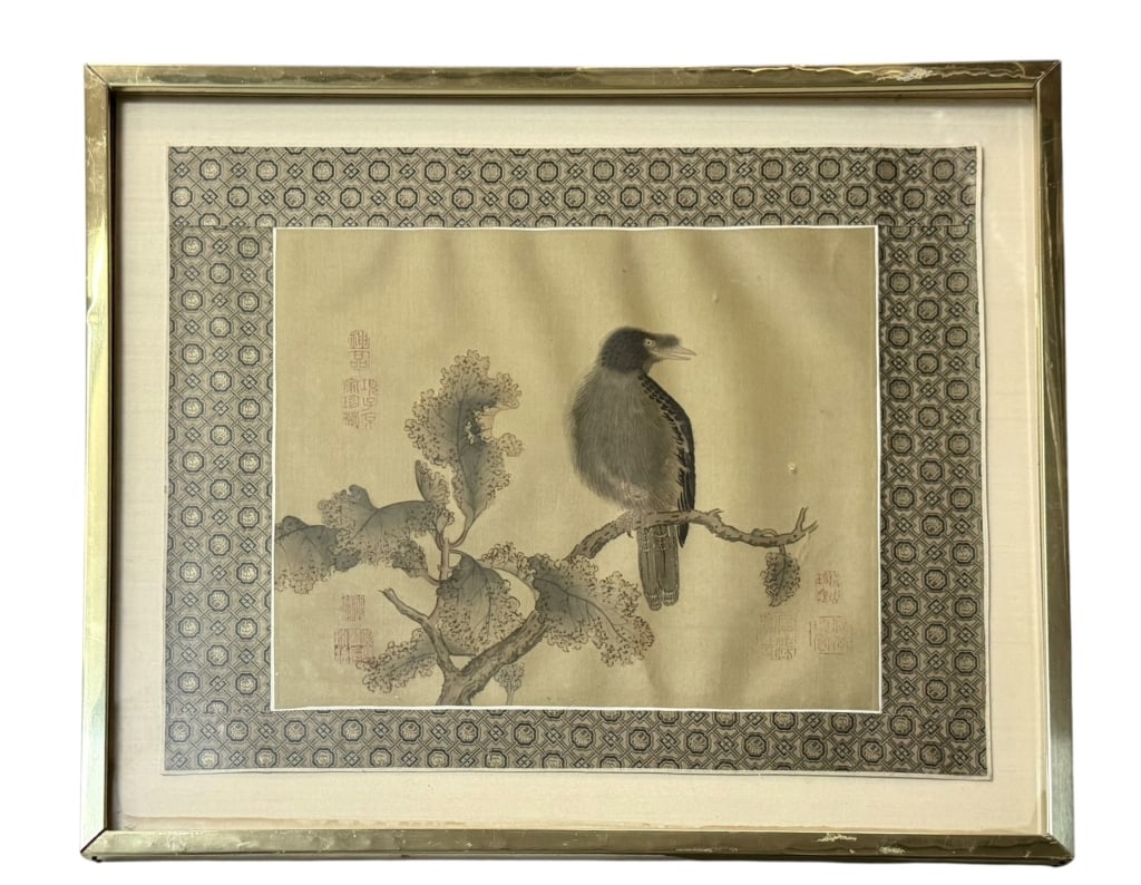 Chinese Silk Painting of Raven on Branch: Late 19th/20th century painting on silk depicting a bird roosting on a tree branch, possibly after Wang Xianzhi, sight 11 x 13 in, glazed..toning, water stains along lower margin, wear and scratches t