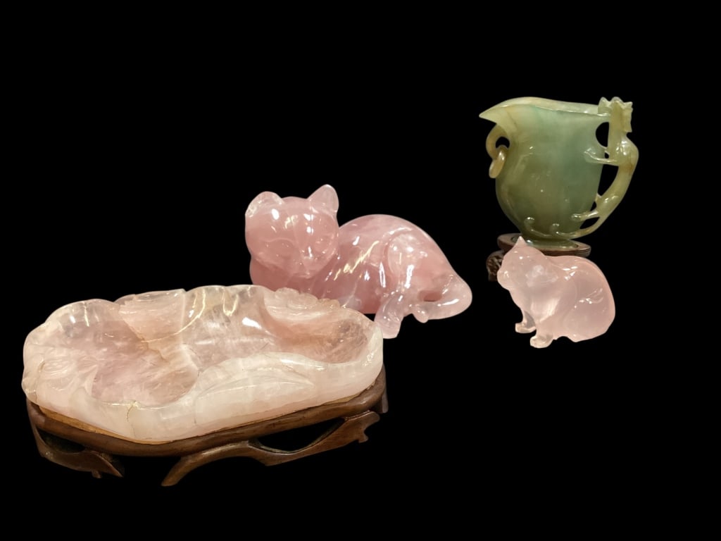 Rose Quartz and Jade Carved Articles: Chinese Carved green Jade Hu style vessel in light green with a Taotie figure to side, mounted wooden standScalloped rose quartz small dish at 5 inches on Asian wood stand, rose Quartz figurine of