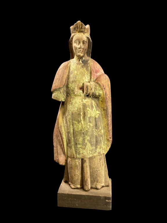 Philippine Bulto Figural: Carved wooden Figural statuary of woman, 19 inches tall, appears as Spanish Colonial period. Remnants of polychrome paint and gilt typically used for Santos carvings Line Item # 98.60F - ()