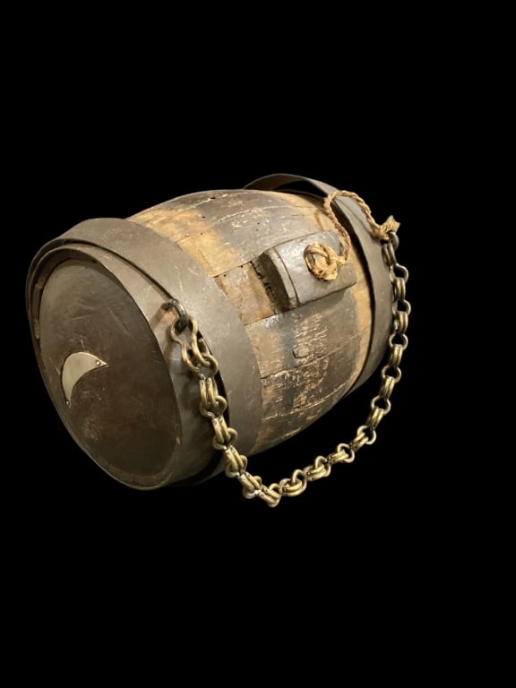 Soldiers Powder Keg: Early War era powder keg, features wooden stave construction with reinforced iron bands and affixed link chain for carrying. A half moon name plate attached to upper lid. 6 x 8 inches tall with, rope