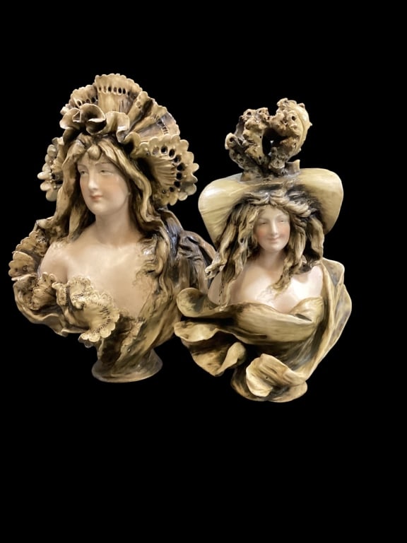 Two Amphora Porcelain Busts: Turn Teplitz Figural bust, classic matte finish with green draped gown, ornate bonnet. Hand painted features. Similar styled bust, also in soft moss green11 inches tall, flowing hair, - ()