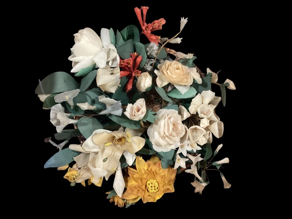 Shadow Box Flower Arrangement: Victorian floral arrangement, often referred to as a wedding bouquet or memorial flowers. Here presented in a small woven basket, encased in glass display box. Box measures 14 x 15 x 7 inches. *