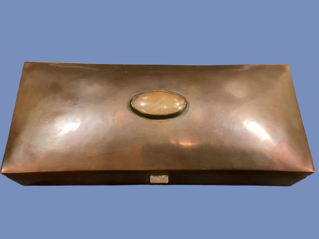 Hammered Copper Dresser Box: Hand Crafted by Artist Eve Lucas, Solid Copper box, with warm natural patinated, rectangular form, hinged lid, with oval agate cabachon. Line Item # 53 - ()