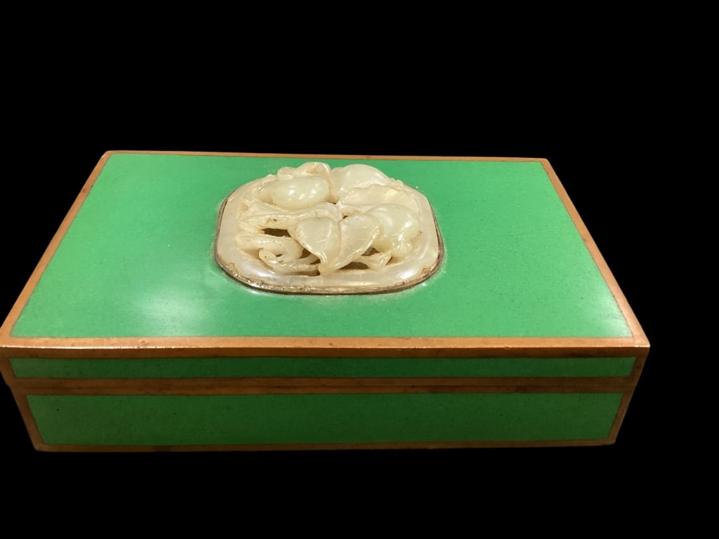 Cloisonne Enamel Table Box, Jade Inset: Heavy brass Cloisonne enameled table box, with lift lid. Beautiful carved white Jade inset, peach and foliate. Box measurements are 5 x 3 inches, the Jade inset is 2 inches. - ()