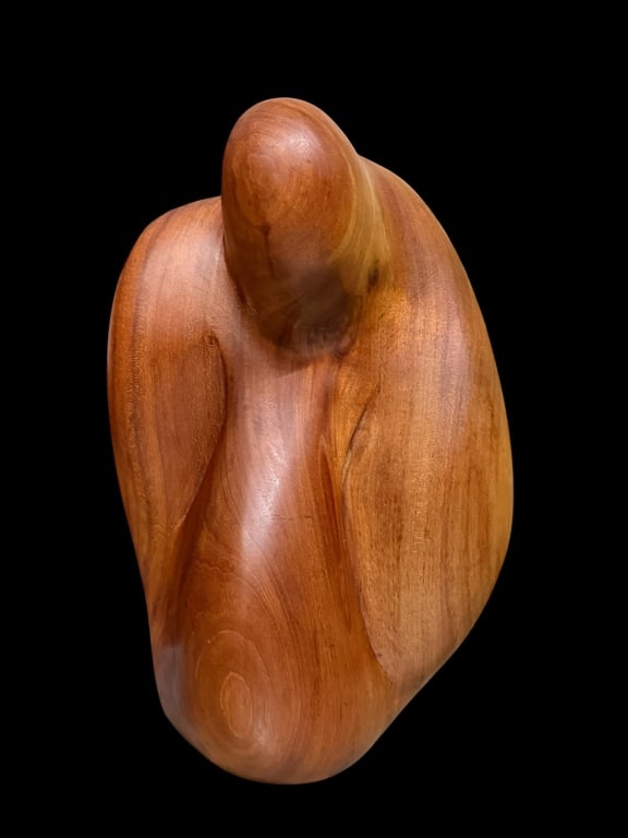 Modernist Carved Wood Sculpture: Mid to late 20th century..featuring a smooth, polished finish and organic, rounded contours reminiscent of a figure in movement, signed on base: COD / AXA / 56 (or 86)..good condition overall..11H x
