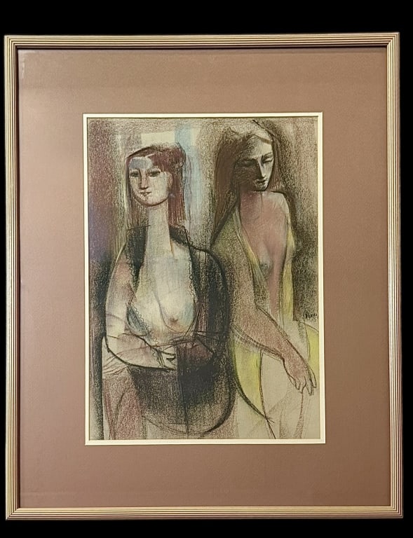 Mid Century Portrait of Two Women: Semi cubist work in pastel and graphite on paper, signed Puccin center right with partially obscured date, sight 20 x 14 in., glazed and double matted in dusty rose frame..good estate condition, not