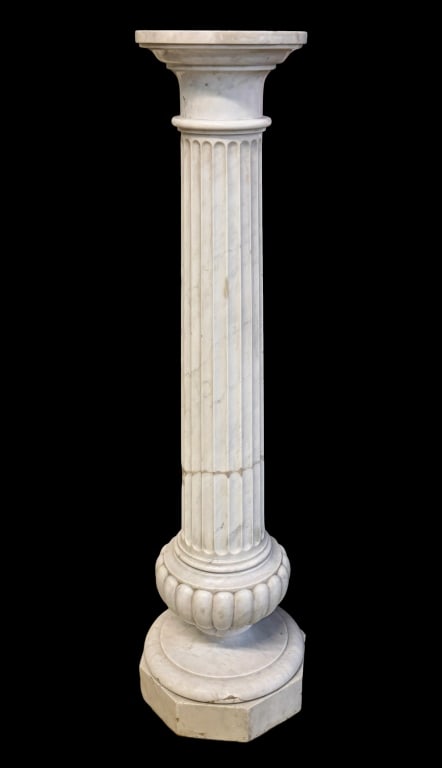 Neoclassical Marble Column Pedestal: 20th century, fluted column with urn form base, column has been repaired, chips throughout, 48H x 13W at base - ()