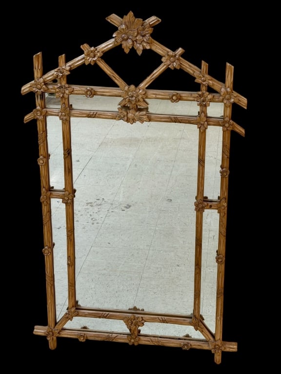 Vintage Carved Faux Bois Mirror: Mid to Late 20th century, Hollywood regency style mirror with carved floral decoration, 54H x 31W x 2D inches Line Item # 45 - ()