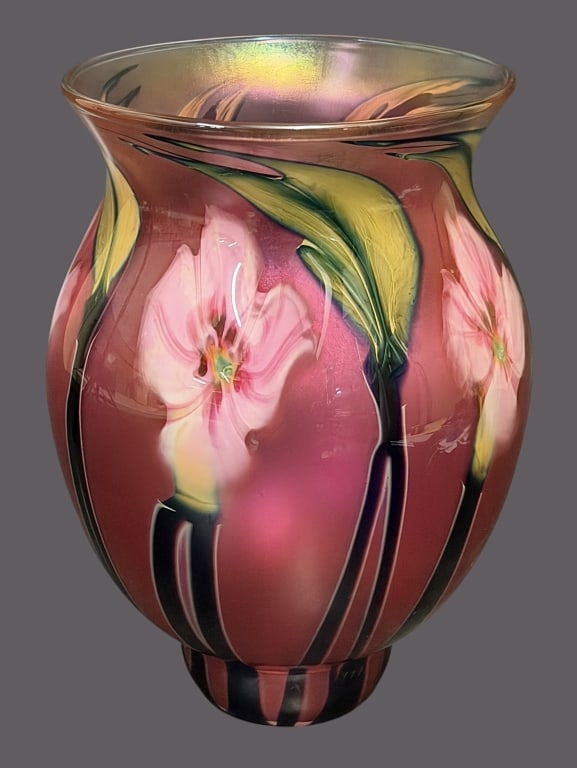 1989 Charles Lotton Multi Flora Art Glass Shade: Fine example in ruby ground with pulled foliage and flowers, signed Charles Lotton 1989 twice on base, 3.5 inch base diameter..sticker residue but overall very good condition, no