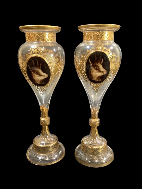 Pair Bohemian Glass Luster Vases: Lovely Crystal Lusters, distinctive hand painted cartouche panels display portraits of chamois. 13 inches tall, with gilding and enamel work, stepped bases. One reverses to a portrait of dog Line