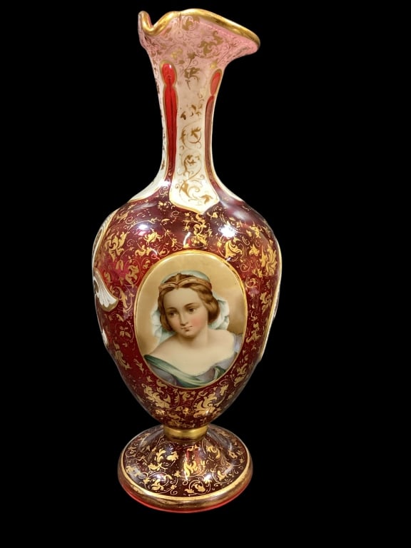 Bohemian Portrait Vase: Hand painted portrait medallion on a lovely ruby glass vase. 13 inches tall, in style of Royal Vienna. Gold gilding interspersed with fluer and banner work at neck. Line Item # 69 - ()