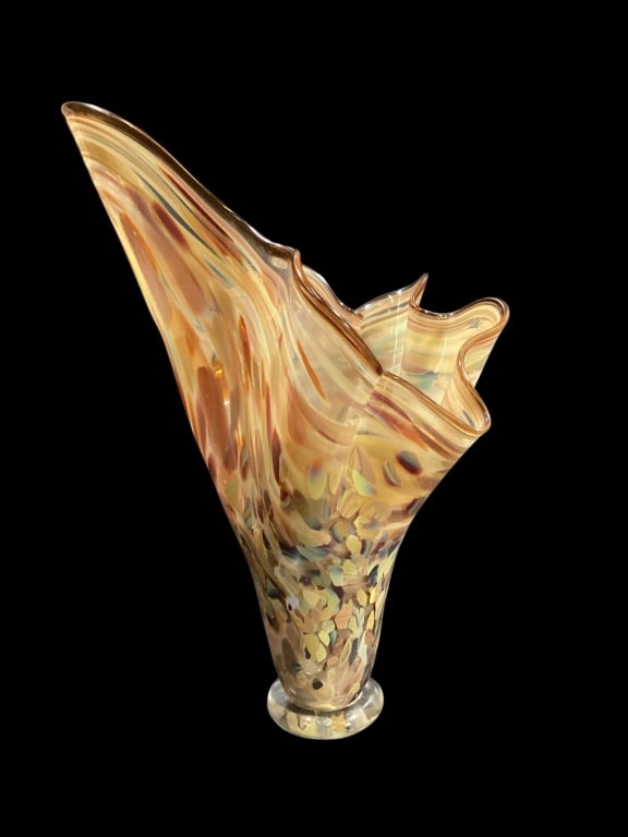 Art Glass Vase: Murano styled , artistic blown glass vase, with wavy rim, and colorful end of day speckled pattern, Free form vase, handkerchief design, 16 inches at tallest point. Line Item # 18 - ()