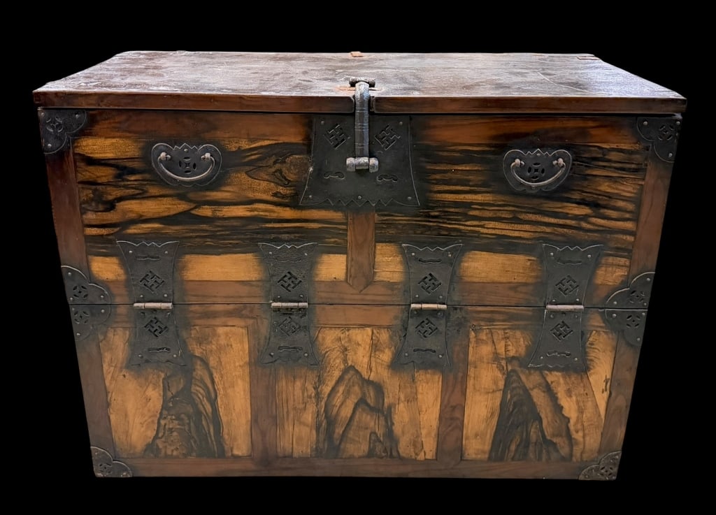 Korean Bandaji Chest: Antique Bandaji storage chest, dovetailed case with rich wood grain, wrought jerk. Hinges and handles, age related wear and finish loss, shrinkage cracks, old rusty lock included..29.5H x 39W x 18D
