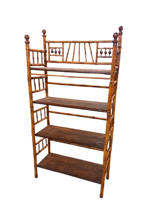 Antique Aesthetic Bamboo 4-Tier Étagère: Chaming antique late 19th-century Victorian Aesthetic Movement étagère bookshelves or display stand. The frame is constructed from tortoiseshell bamboo. Features a four-tier open design