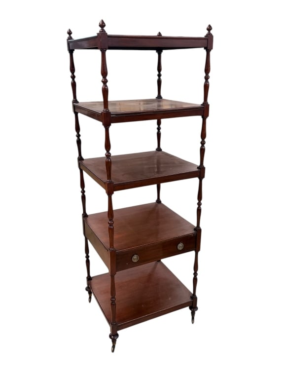 Antique Mahogany 5-Tier Dumbwaiter w Drawer: Mahogany 5-tier Dumbwaiter shelf. Features five open shelves supported by slender, elegantly turned spindle corner posts topped with four decorative pointed finials. The fourth tier down houses a