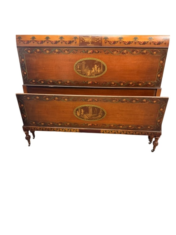 Neoclassical Style Hand-Painted Bed Frame: Full, Neoclassical style wooden bed frame featuring detailed, hand-painted decorations across the headboard and footboard. Both panels are centered with elegant oval medallions depicting cherubs