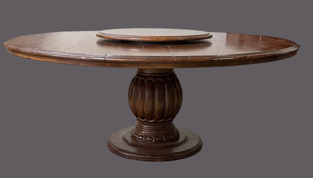 Contemporary Pedestal Base Dining Table: Impressive 6-foot diameter dining table, large carved pedestal base in the Regency style, with lazy Susan, top is currently not attached for easier Transport..surface wear and scratches, finish