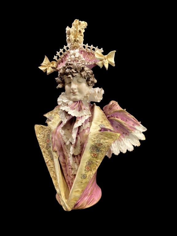 Turn Teplitz Porcelain Bust: Stunning large porcelain bust signed Stellmacher , RSK, Art Nouveau, 21 inches tall, elaborate costume and headdress, soft matte features with colorful costume - ()