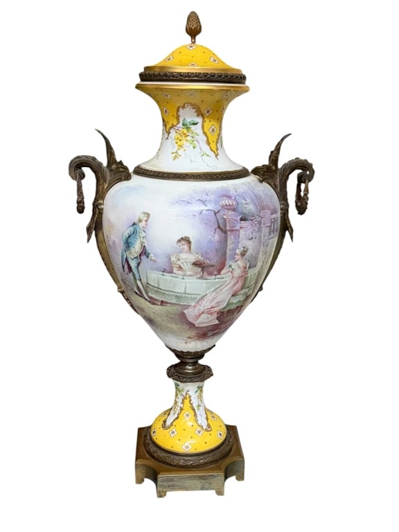 Impressive Sevres Style Mounted Porcelain Urn: Antique dore bronze mounted urn with figures in courtyard and landscape on verso, signed R. Petit, marked on lid and base, urn lifts off base..surface dirt and grime *needs cleaning*, no apparent chip