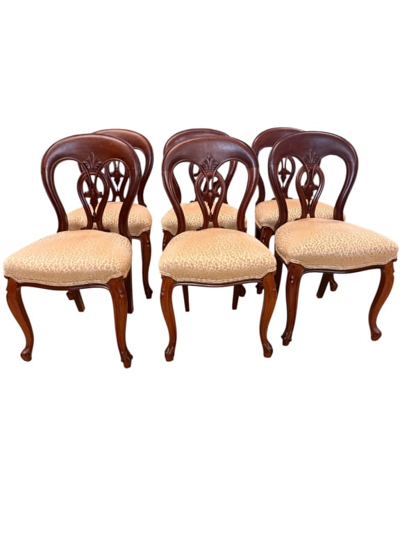 Set 6 Antique Louis XV Style Carved DiningChairs: Elegant set of six (6) antique Victorian-era dining side chairs in the Louis XV Rococo Revival style, likely crafted from Mahogany . Each chair features a gracefully curved balloon back accented with 