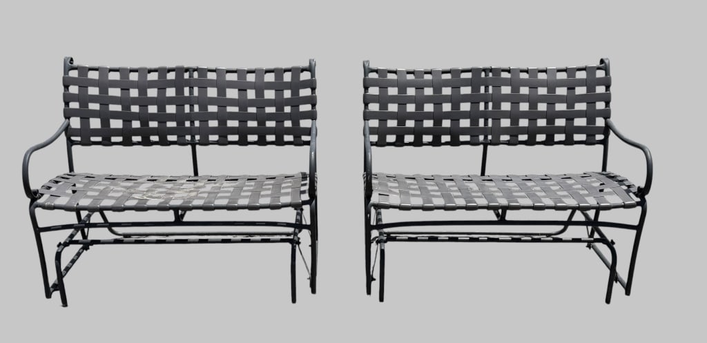 Pair Brown Jordan Aluminum Gliders: From the Roma line, aluminum frames with woven strapping, one retains Brown Jordan labels..surface wear and finish loss from outdoor use, need cleaning..37H x 45W x 29D inches Line Item # 50 - ()