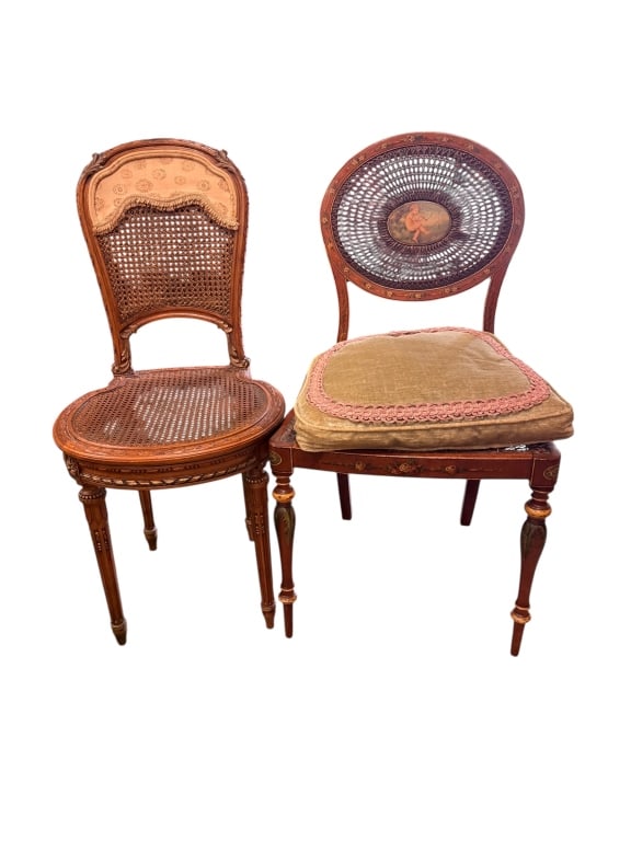 Two Antique Louis XVI Painted & Cane Chairs: The first features a natural carved wood frame with gilded trim highlights, a contoured balloon-style backrest with an integrated woven cane panel, and an upper section padded with gold damask fabric