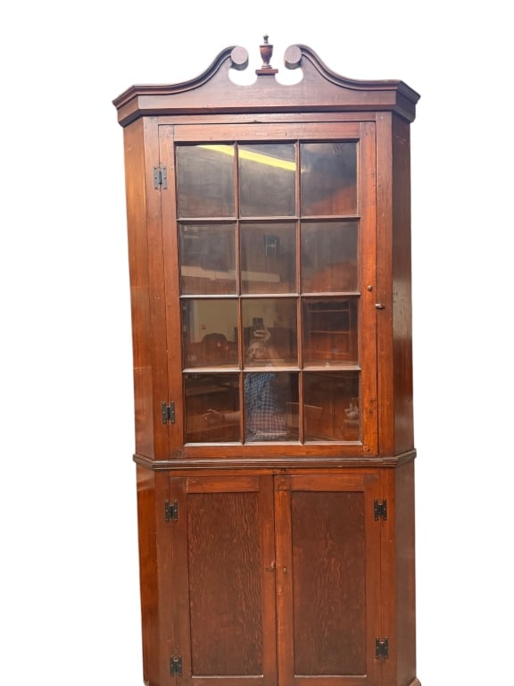 Primitive Corner Cabinet: 12 Pane, h hinges, lower panels are plywood, beacket feet, bench made 1920’s, broken arch, 95 tall x 44 wide x 19.5 deep - ()
