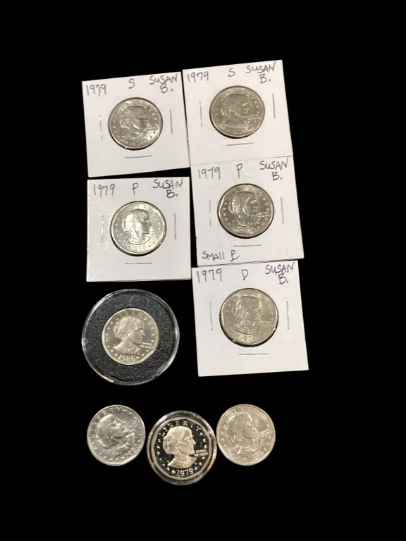 Susan B Anthony $1.00 Coins: 9 coins, 1979 P, 79 S, 79 D, plus 79 narrow rim, 1980 S type II, - ()
