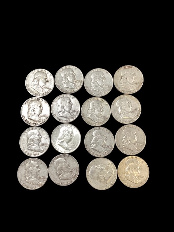 Fifteen Ben Franklin Half Dollar Coins: Coin dates 1960, 61, 62, 63. 4 of each year. All circulated coins but with clear dates, profiles - ()