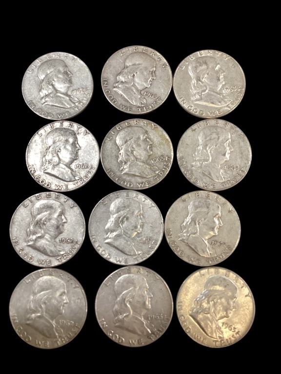 Ten Ben Franklin Half Dollar Coins: 4- 1962, and 8 - 1963 coins all circulated but clear dates and profiles - ()