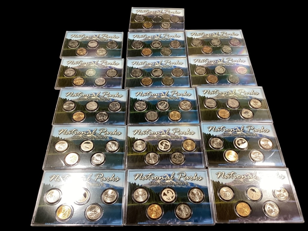 US Mint Americas National Parks Quarter Series: 16 - Series 2 coin sets, featuring Americas Beautiful National Parks National Parks, each housing uncirculated a 5 coin set of uncirculated and gold layered versions. Issued between 2012 and 2015. In