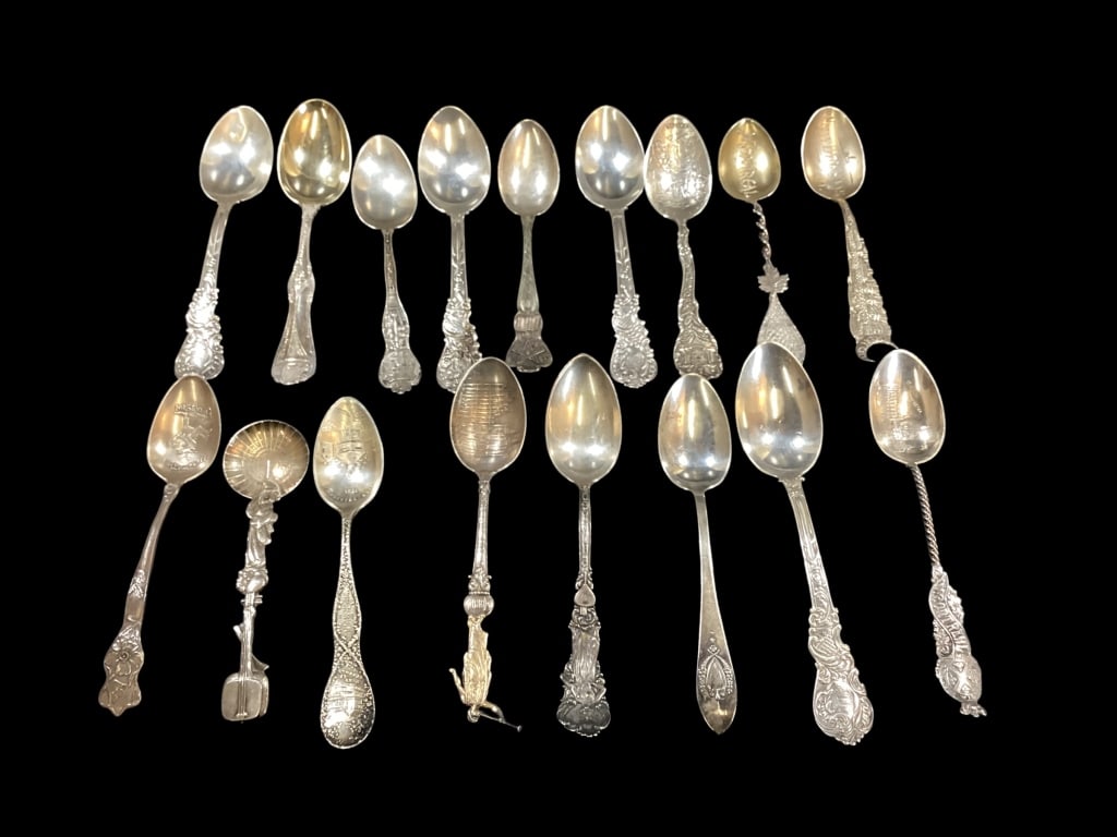 Sterling Silver Collectors Spoons: 17 spoons, most 5 inches long. Includes historical places eastern Star, Cities.approximately 10.40 ozt - ()