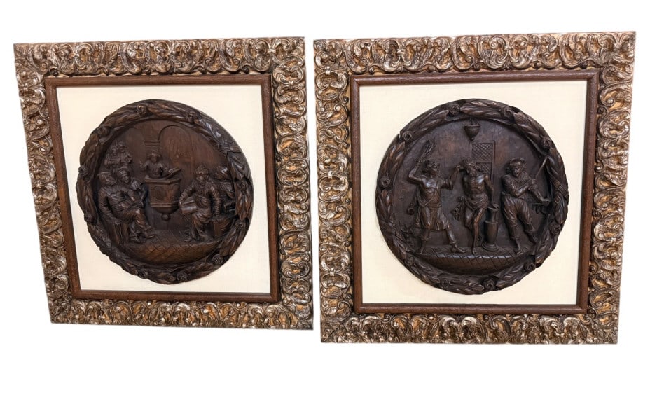 Pair of Antique Carved Wood Biblical Plaques (1 of 4)