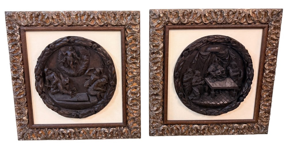 Pair of Antique Carved Wood Biblical Plaques (1 of 5)