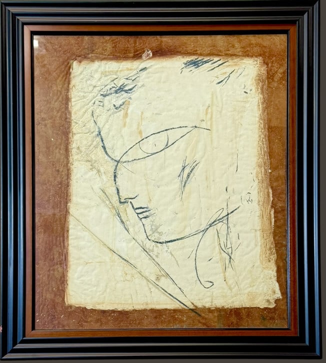 Jamali Original Figurative Portrait, #1: Jamali Original Figurative Portrait, #1 Pakistan/USA, b. 1944..pigmentation painting on cork, circa 1956, sight 26 x 22 in.,with certificate of authenticity..light surface wear but good condition over