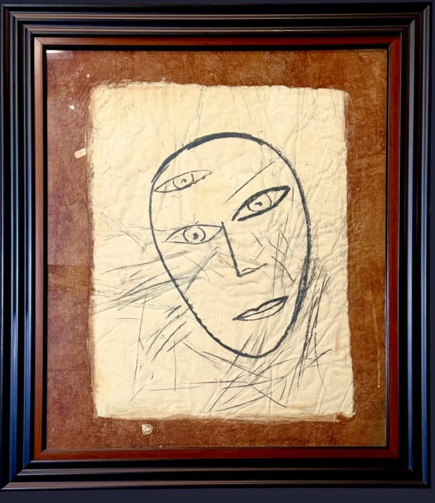 Jamali Original Figurative Portrait, #2: Jamali Original Figurative Portrait, #2 Pakistan/USA, b. 1944..pigmentation painting on cork, circa 1960, sight 26 x 22 in.,with certificate of authenticity..light surface wear but good condition over