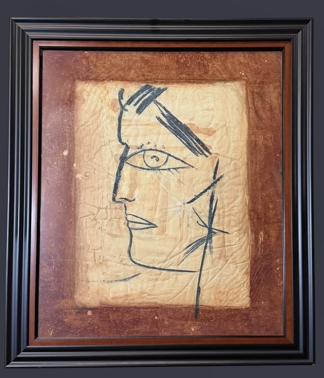 Jamali Original Figurative Portrait, #3: Jamali Original Figurative Portrait, #3 Pakistan/USA, b. 1944..pigmentation painting on cork, circa 1959, sight 26 x 22 in.,with certificate of authenticity..light surface wear but good condition over