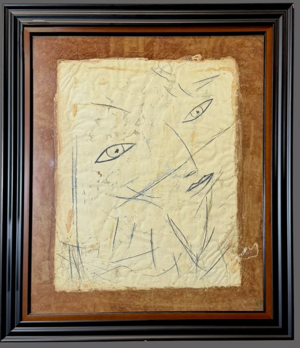 Jamali Original Figurative Portrait, #4: Jamali Original Figurative Portrait, #4 Pakistan/USA, b. 1944..pigmentation painting on cork, circa 1958, sight 26 x 22 in.,with certificate of authenticity..light surface wear but good condition over