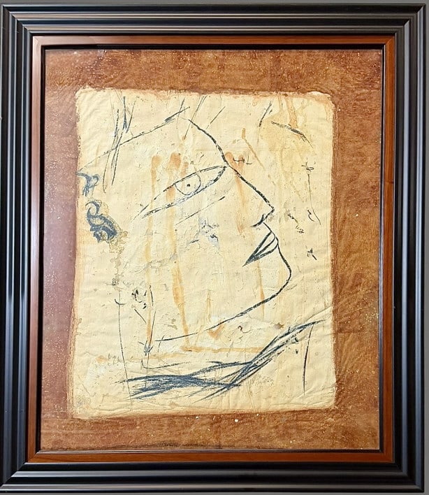 Jamali Original Figurative Portrait, #5: Jamali Original Figurative Portrait, #5 Pakistan/USA, b. 1944..pigmentation painting on cork, circa 1959l5, sight 26 x 22 in.,with certificate of authenticity..light surface wear, loose paint chips un
