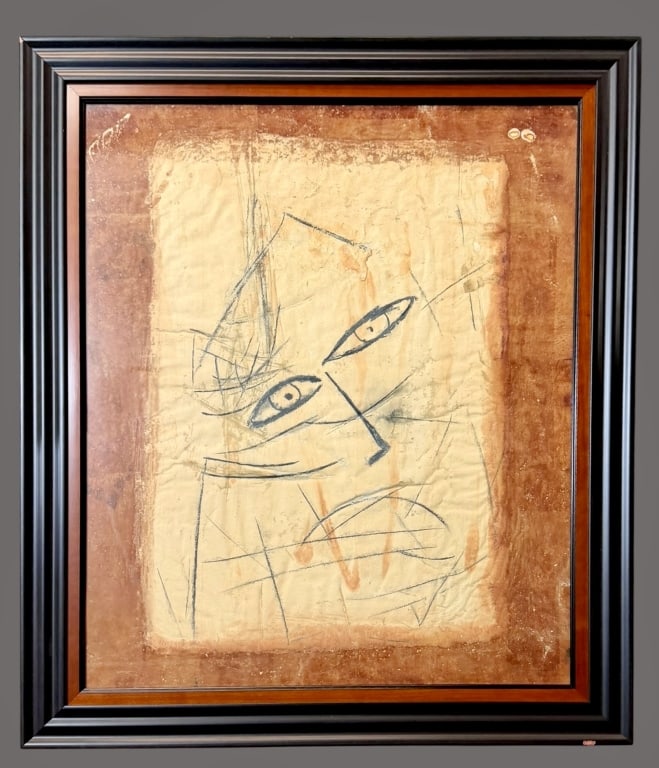 Jamali Original Figurative Portrait, #6: Jamali Original Figurative Portrait, #6 Pakistan/USA, b. 1944..pigmentation painting on cork, circa 1961, sight 26 x 22 in.,with certificate of authenticity..light surface wear but good condition over