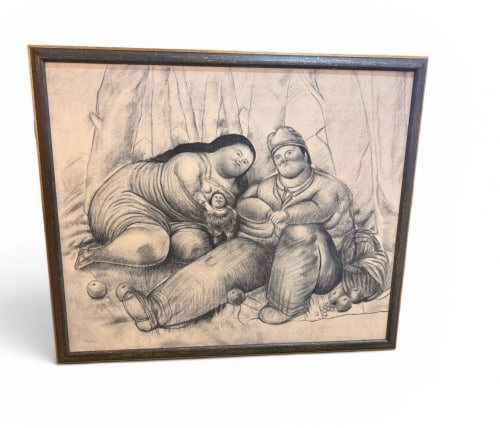 Large Botero Style Figural Picnic: Large Botero Style Figural Picnic A large, monumental scale decorative reproduction canvas art print executed in the signature Boterismo style of Colombian master Fernando Botero (1932–2023). The