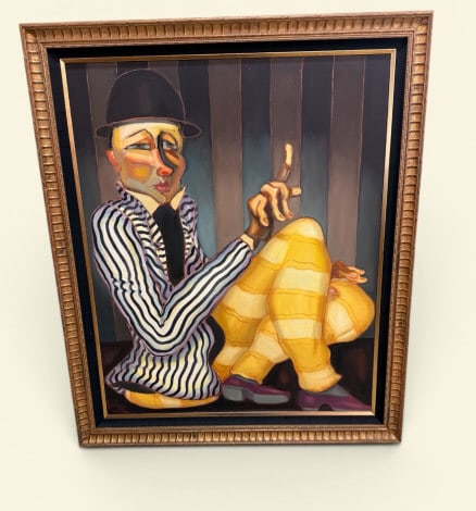 Ivan Duran Expressionist Clown Oil Painting: Ivan Duran Expressionist Clown Oil Painting El Hombre Solitario, An expressive, stylized oil painting on canvas by contemporary artist Ivan Duran (Ivan Duran Garlick). The composition depicts a seated