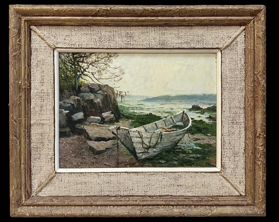 The Dory, Robert A. Luvall: The Dory, Robert A. Luvall American, 1924-2014..oil on masonite, signed lower right, titled on artist card to verso, sight 8.5 x 11.5 in., painted burlap mat and textured gold frame..surface dirt, few