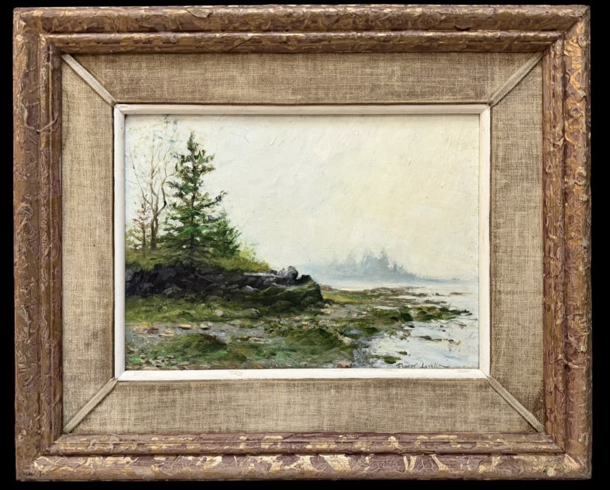 Coastal Scene, Robert A. Luvall: Coastal Scene, Robert A. Luvall American, 1924-2014..oil on masonite, signed lower right, titled on artist card to verso, sight 8.5 x 11.5 in., waxed canvas mat and textured gold frame..surface dirt, 