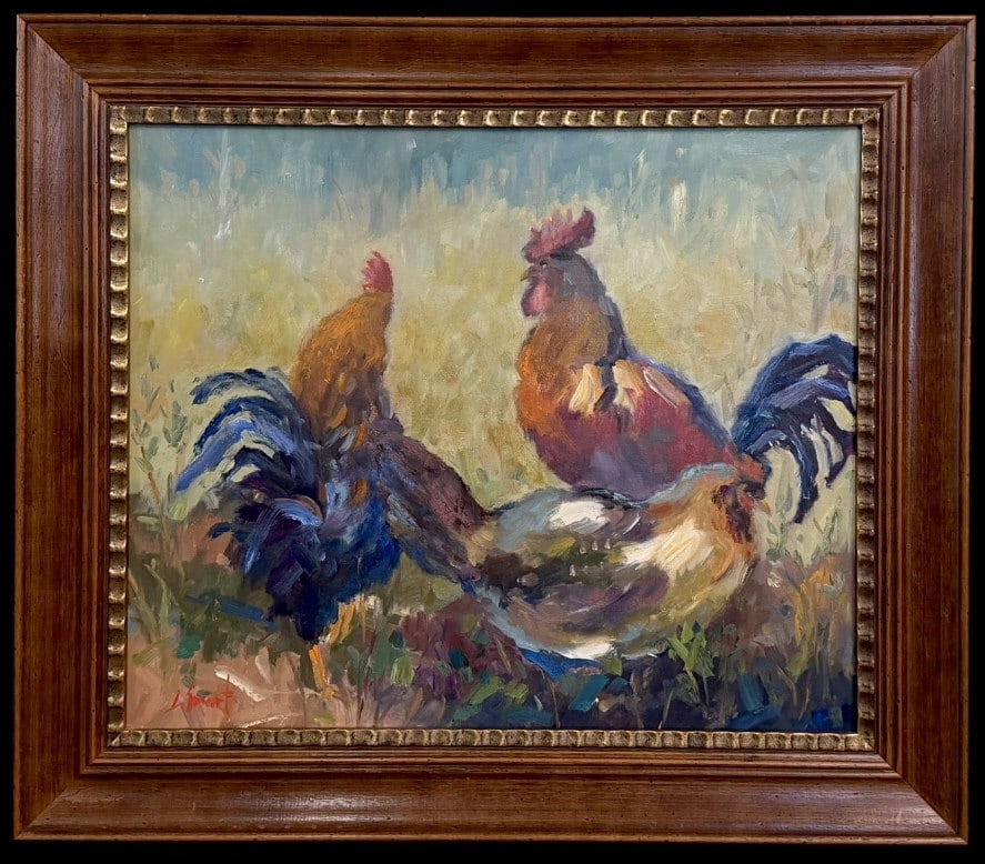 Roosters and Chicken in Yard, L. Smart: Roosters and Chicken in Yard, L. Smart Late 20th century, oil on canvas, signed L. Smart lower left, sight 19 x 23 in., modern composite frame..good surface condition, frame with light wear, not exami