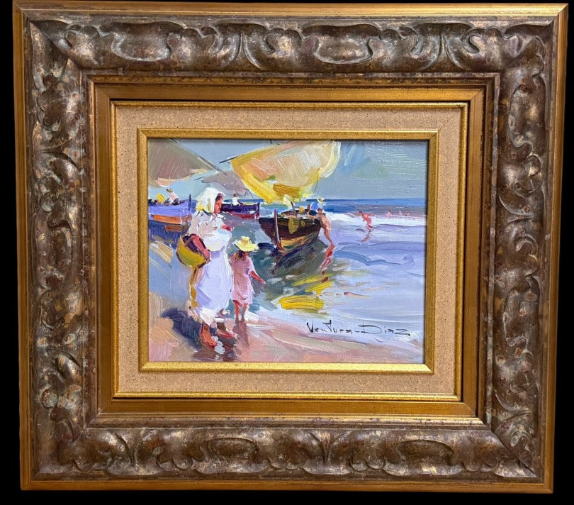 Figures on the Beach, Ventura Diaz: Figures on the Beach, Ventura Diaz Spain, 20th century..oil on canvas, signed lower right, sight 8 x 10 in., gilt wood and composition frame, verso with label for Picture House Gallery, Charlotte NC..