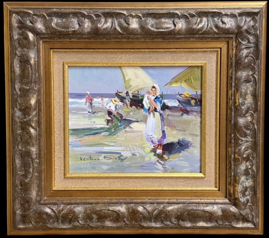 Woman Holding Child on Beach, Ventura Diaz: Woman Holding Child on Beach, Ventura Diaz Spain, 20th century..oil on canvas, signed lower left, sight 8.5 x 10.5 in., gilt wood and composition frame, verso with label for Picture House Gallery, Cha