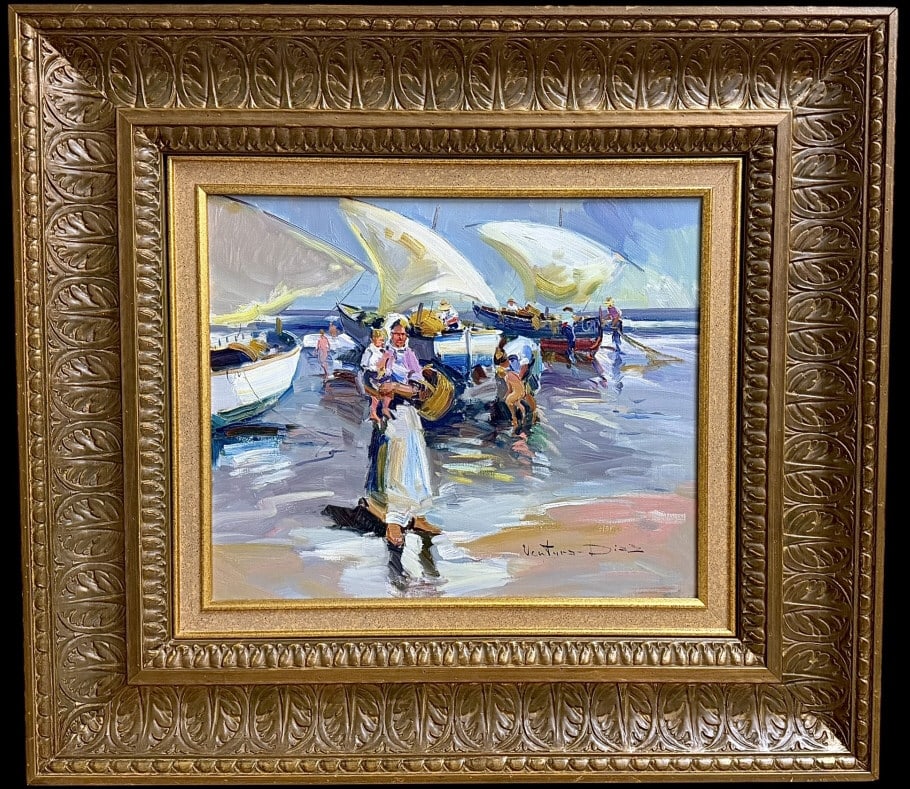 Beach with Figures and Boats, Ventura Diaz: Beach with Figures and Boats, Ventura Diaz Spain, 20th century..oil on canvas, signed lower left, sight 14 x 17 in., gilt wood and composition frame, verso with label for Picture House Gallery,