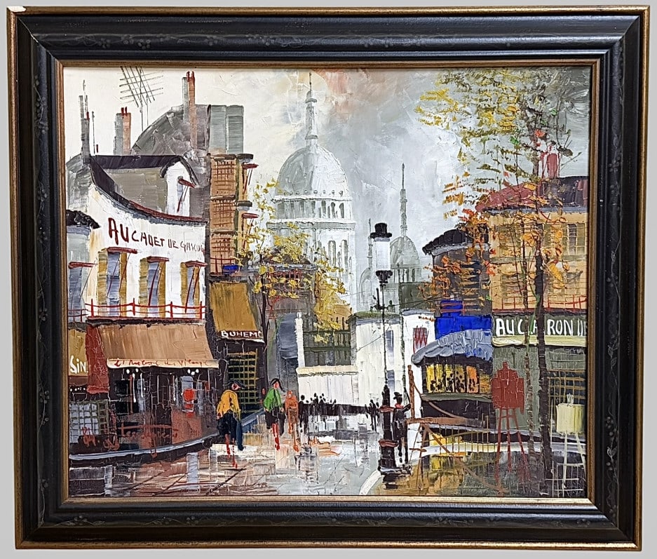 Late 20th Century Parisian Streetscape: Late 20th Century Parisian Streetscape Oil on canvas, signed and dated 84 lower left, soght 18 x 21 in., parcel gilt and painted frame..crackle to surface but otherwise good estate condition, frame