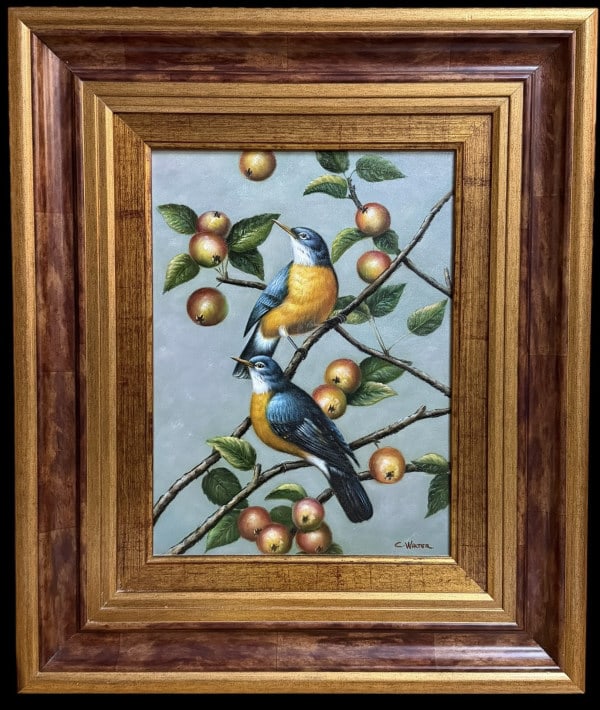 Songbirds in Fruit Tree, C. Walter: Songbirds in Fruit Tree, C. Walter Late 20th century, oil on canvas, signed lower right, sight 15 x 11 in., modern ogee style frame, with Certificate of Authenticity..very good estate condition, not